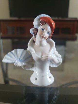 Vintage 3 " Tall Porcelain German Pin Cushion Half Doll Fan Out Plume Hat