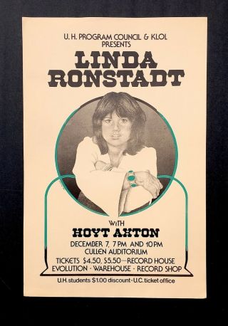 1974 - Linda Ronstadt - Hoyt Axton - Rare Evans Texas Concert Poster