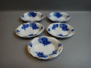 Set Of 5 W.  H.  Grindley Gironde Oval Nut Dish Flow Blue Gold Daubs Rare