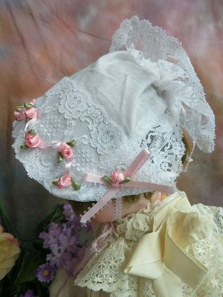 Vintage Handmade Baby Doll Bonnet Hat Cotton Lace Pink Rosettes Fit 13 - 15 " Cir
