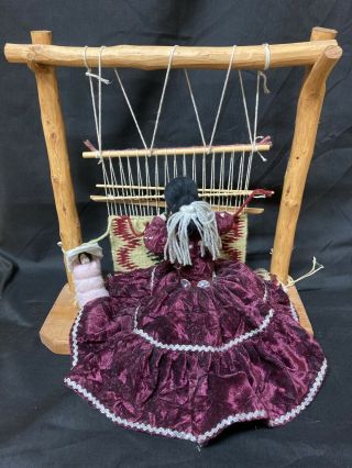 Native American Navajo Indian Rug Weaver Doll Miniature Loom.  Vintage Figurine.