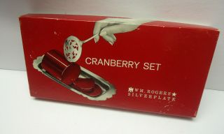 Vintage William Rogers Silverplate Cranberry Serving Tray & Spoon Set Box