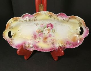 Antique Rs Prussia Germany Porcelain Celery Tray Dish Floral Pink Yellow