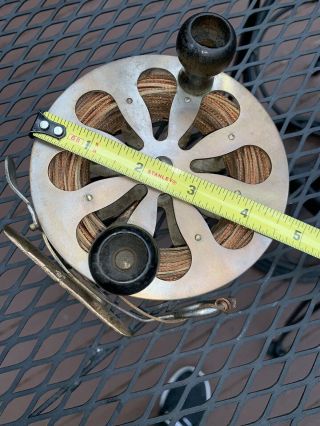 Unmarked Brass Skeleton Fly Fishing Reel 4.  5” With Wood Handles And Copper Line