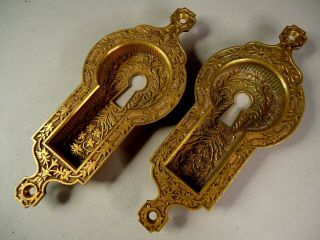 Ornate Matching Pair Antique Eastlake Style Solid Brass Keyhole Cover Plates 2