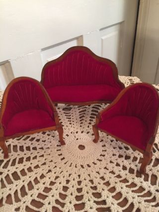 Vintage Miniature Dollhouse 1:12 Couch 2 Chairs Red ‘velvet’