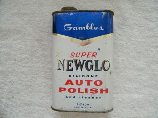 " Rare " Vintage Gambles Newglo Auto Polish Can Full Gas & Oil Car Wax Oiler