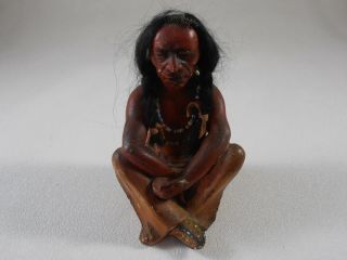 Antique Native American Indian Figurine Figure Sitting Beaded Necklace Chalkware