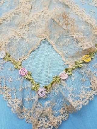 Antique French Lace Delicate Hanky Silk Ribbon Work Flowers Rosettes Doll Trim