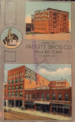 Extremely Rare Dallas Tx Post Card Padgitt Bros.  Saddlery