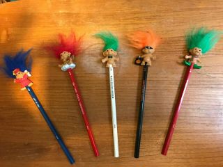 Vintage Troll Doll Memorabilia - 5 Holiday Pencil Toppers,  1 1/4 " & Norfin Buttons