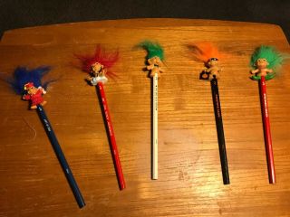 Vintage Troll Doll Memorabilia - 5 Holiday Pencil Toppers,  1 1/4 