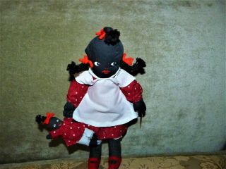 Vintage Signed Eleanor Todd Black Americana Cloth Doll w/ Baby Doll 