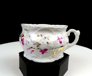 German Antique Porcelain Pink Floral Gilt Vines & Leaves 2 1/4 " Shaving Mug 1880