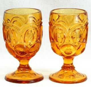 2 Antique Vintage Mid Century Modern Glass Goblet Amber Moon Stars Wedding Gift