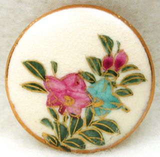 Vintage Satsuma Button Pretty Painted 2 Color Flowers With Gold Design 15/16 "