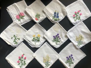 11 Vintage Hand Embroidered Stitched Floral Flower Dinner Napkins Antique White