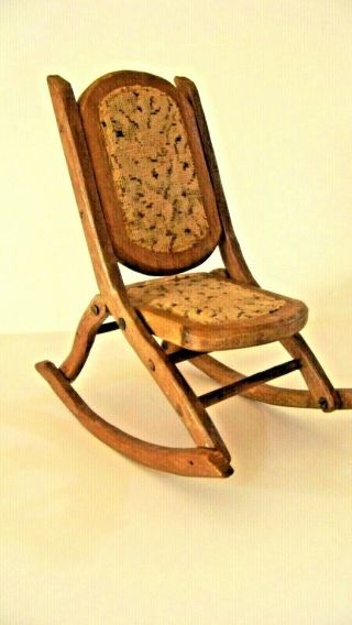 Rare Antique Dollhouse Miniature Rocking Chair - Folding - Needlepoint? Handmade - Euc