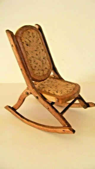 Rare Antique Dollhouse Miniature Rocking Chair - Folding - Needlepoint? Handmade - EUC 2