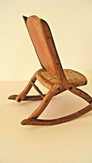 Rare Antique Dollhouse Miniature Rocking Chair - Folding - Needlepoint? Handmade - EUC 3