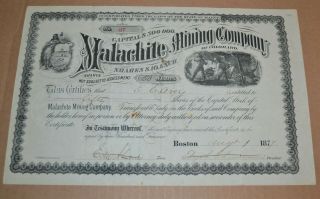 Malachite Mining Company 1877 Antique Stock Certificate – Colorado Copper