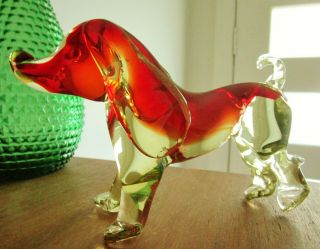 Rare Vintage Solid Italian Murano Art Glass Puppy Dog Red & Green Uranium Glass