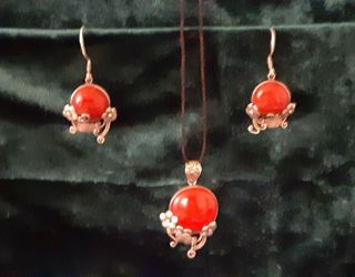 Vintage Antique Lovely Red Stone Set In Stirling Silver Pendant And Earring Set