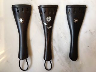 Set Of 3 Antique 4/4 Violin Ebony And Rosewood Tailpieces With Inlaid Design