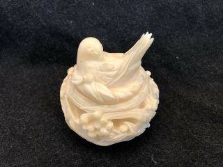 Vintage Small Italian Carved Alabaster Bird In Nest Candle Holder Trinket Box