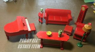 1931 Strombecker Wooden Doll House Furniture Red Living Roomset W/ Grand Piano