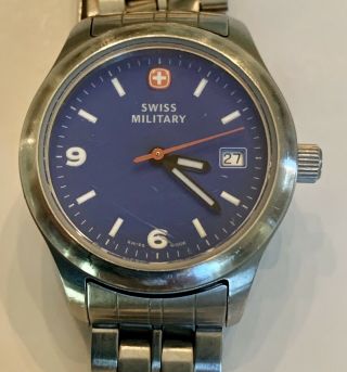 Swiss Military Women’s Quartz Watch Rare Blue Face All Ss,  Date,  Great