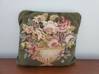 Vintage Floral Vase Green Hand Stitched Needlepoint Pillow Completed Stuffed