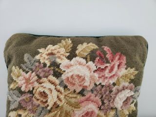 Vintage Floral Vase Green Hand Stitched Needlepoint Pillow Completed Stuffed 2