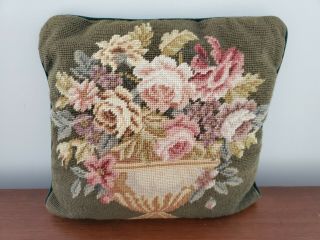 Vintage Floral Vase Green Hand Stitched Needlepoint Pillow Completed Stuffed 3