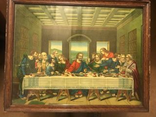 Antique Jesus Christ The Last Supper Wall Picture 16 5/8” X 13 1/8”
