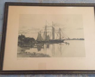 Antique Quiet Waters Lithograph Signed C H Harris Framed Nautical Ship Art Print