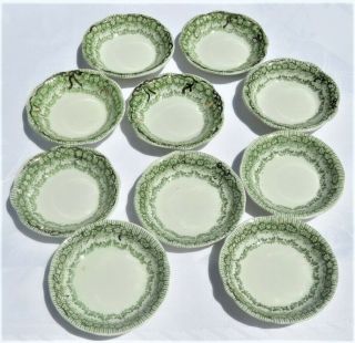 10 Antique Wood Son England Butter Pats Green & White " Woodland " Semi - Porcelain