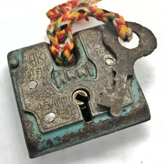 Authentic Antique Lock & Key Padlock - Ca.  1890 - 1950 India Brass Iron Old Tool