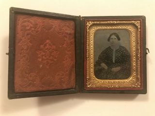 Rare Antique Woman In Ornate Dotted Dress Ambrotype Photo In Case