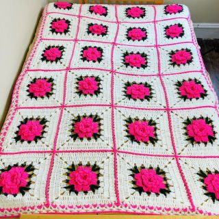 Vtg Handmade Crocheted Granny Square Boho Knit Afghan Throw Full 76 " X 56 "