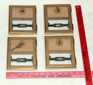4 - Vintage Antique Brass Us Post Office Mail Box Doors,  Greek Key Design W/keys