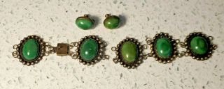 Antique Mexican Silver Bracelet Green Stone And Matching Earrings