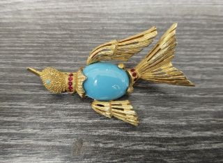 Vintage Benedikt Ny Signed Gold Tone Bird With Blue Stone Pin Brooch