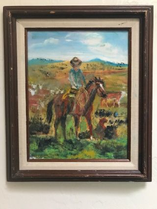 Oil / Acrylic Western Painting Cowboy On Horseback Cattle