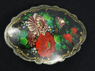 Antique Russian Hand Painted Signed Lacquer Papier Mache Pin Brooch 2.  5 " X1.  5 "