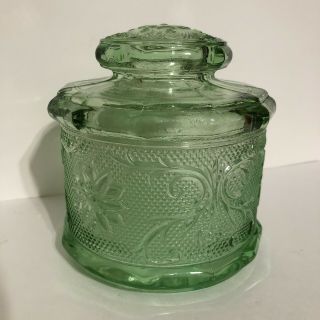 Vintage Antique Green Depression Glass Candy Dish Jar Lid Princess Pattern