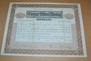 Geyser Silver Mining Company 1909 Antique Stock Certificate