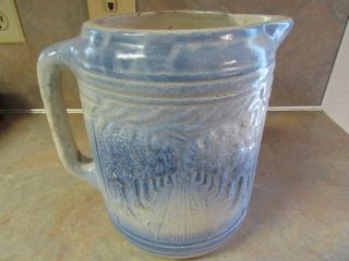 Antique Salt Glaze Stoneware Avenue Of Trees Milk Pitcher 8 " Blue & White