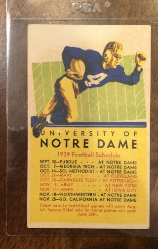 Rare 1939 University Of Notre Dame Fighting Irish Football Schedule Vintage