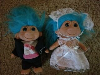 Vintage Bride And Groom Troll Dolls From The 80s.  Blue Haired